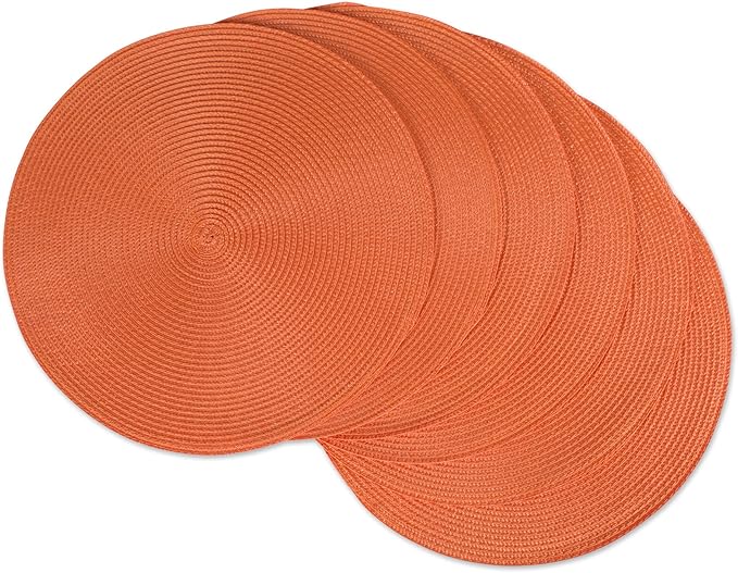 DII Classic Woven Tabletop Collection, Indoor/Outdoor Placemat Set, Round, 15" Diameter, Orange, 6 Piece