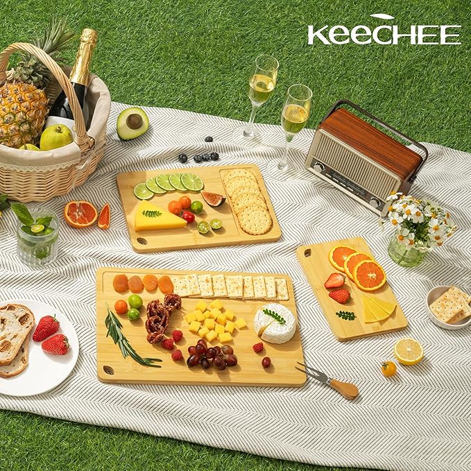 Keechee Wood Cutting Board for Kitchen - Reversible Bamboo Cutting Boards Gift Set of 3 with Juice Groove, Wooden Chopping Board for Meat, Fruit, Vegetables & Cheese (Pre Oiled, Natural)