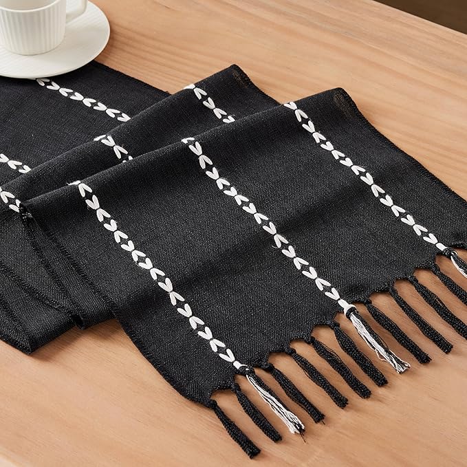 Braided Farmhouse Table Runner,Braided Black 13x60 Inch, Cotton Linen Table Runners 60 Inches Long, Embroidered Striped Black Boho Table Runner Rustic Home Decors