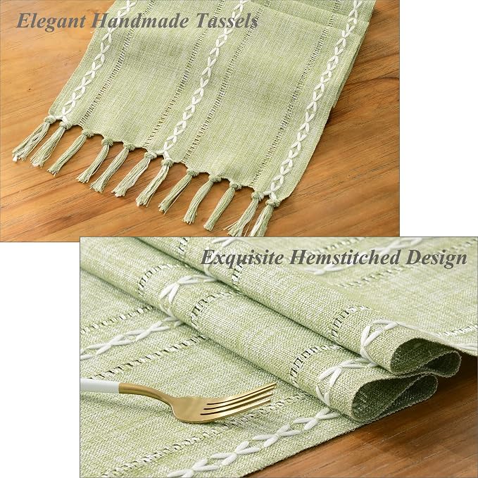 Wracra Rustic Hemstitch Table Runner, Linen Farmhouse Table Runners 60 Inches Long with Tassels for Dining Kitchen Coffee Table Decor, Party and Dresser Decor (Sage Green, 13×60")