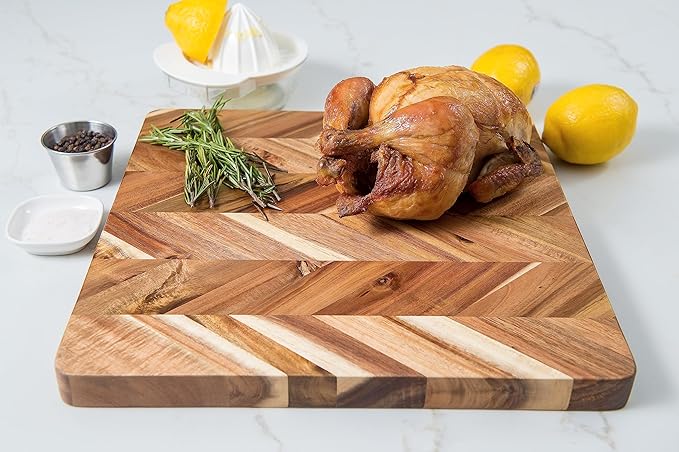 Lipper International Acacia Herringbone Square Cutting and Serving Board with Inset Handles for Chopping Meats, Fruits and Vegetables, 14" x 14" x 1" Thick