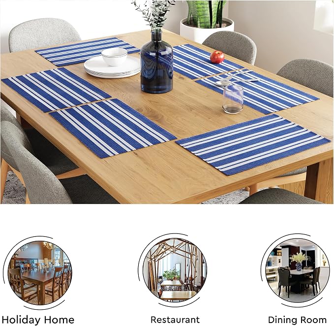 Encasa XO Dining Placemat Set of 6 | Franca Blue Stripes Color | Fine Ribbed Cotton Table mat | Size 19x13 in | Machine Washable