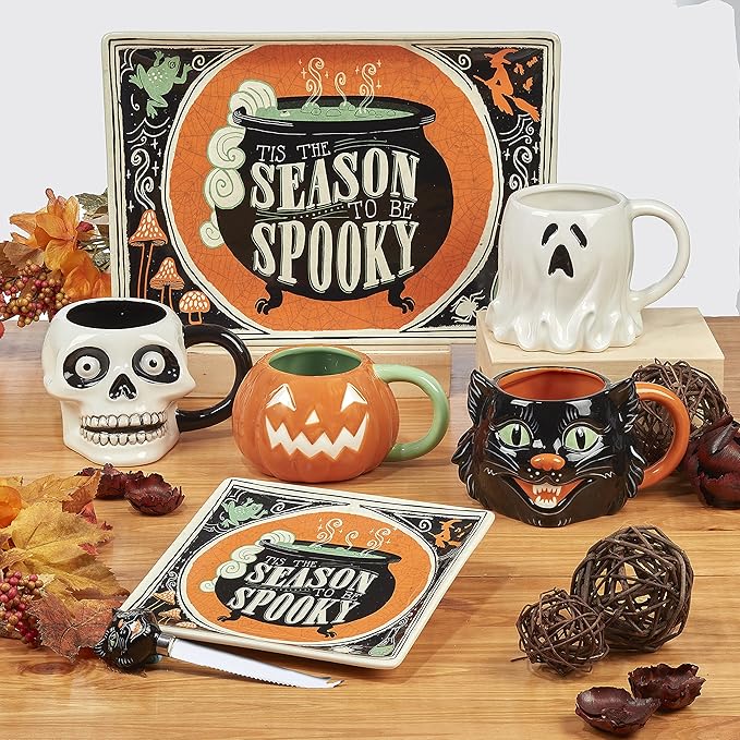 Scaredy Cat 3-D Ceramic Halloween Mugs,Set of 4 – Add spooky fun to your fall mornings with ghost, pumpkin, skull, and black cat designs, perfect for coffee, cocoa, or festive party drinks(Pack of 3)