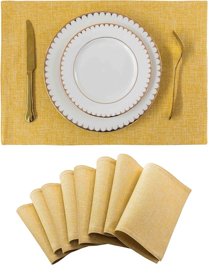 Home Brilliant Cloth Placemats Set of 8 Linen Placemat Washable Heat Resistant Dining Table Place Mats for Kitchen Table Holiday Dinner Decoration, Yellow