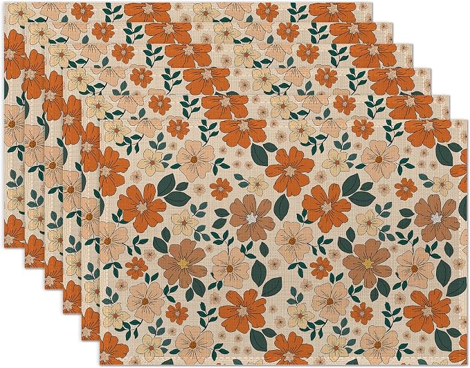 70s Retro Floral Flowers Placemats Set of 6 Washable Table Mats for Kitchen Dining Table,Heat-Resistant Place Mats for Indoor Outdoor Party Holiday Decoration