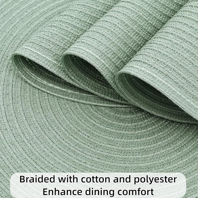 SHACOS Round Placemats Set of 8 Washable 15 inch Round Table Mats Cotton Polyester Woven Braided Place Mats for Dining Table Wedding Party Decor, Sage Green