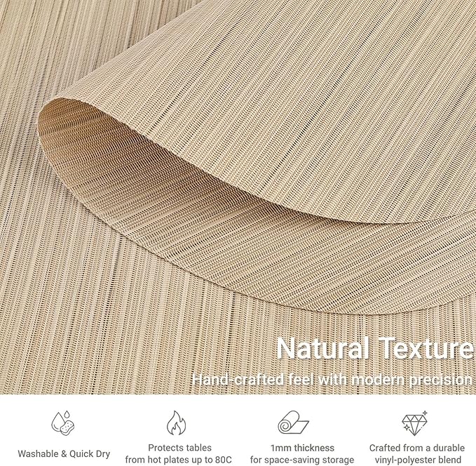 AHHFSMEI Round Placemats Set of 6 Woven Vinyl Non-Slip Heat Resistant Stain Resistant Easy Clean Place mats for Dining Table(Light Brown)