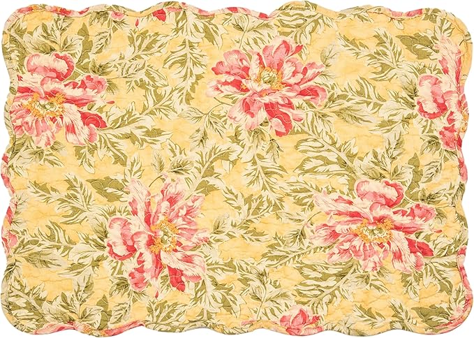 C&F Home Freya Green Leaves & Pink Flowers Vintage Design Quilted 100% Cotton Set of 6 Placemats 13" x 19" Spring Floral Fall Autumn Harvest Thanksgiving Kitchen Tabletop Reversible Machine Washable