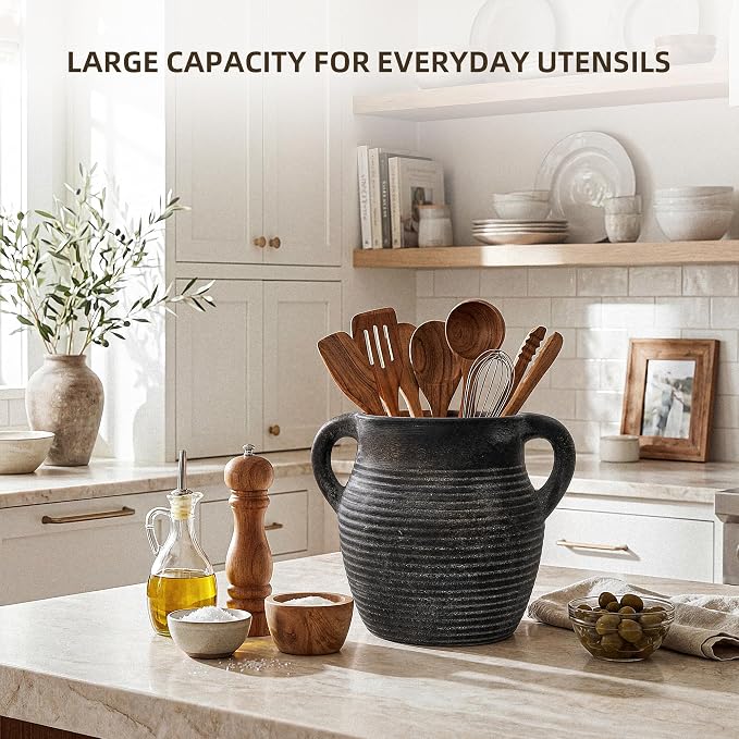 Rustic Utensil Holder for Kitchen Counter - Large Ceramic Farmhouse Cooking Utensil Crock & Organizer for Spatula, Spoon-Vintage Kitchen Decor (Charcoal)