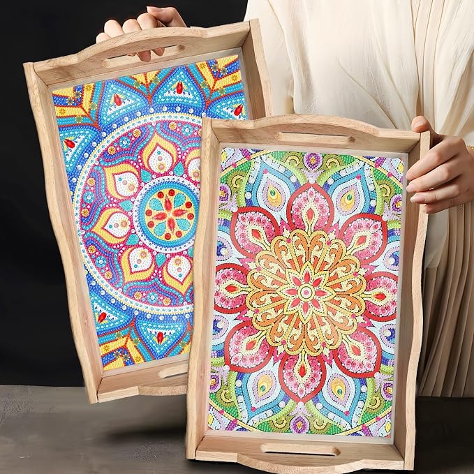 Generic 2Pcs DIY Diamond Serving Tray Rectangular Upgrade Increase Breakfast Tray with Handles Handmade Diamond Art Painting Wooden Tray Dinner Plate for Coffee Living Room Home Organizer-01