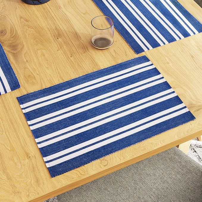 Encasa XO Dining Placemat Set of 6 | Franca Blue Stripes Color | Fine Ribbed Cotton Table mat | Size 19x13 in | Machine Washable