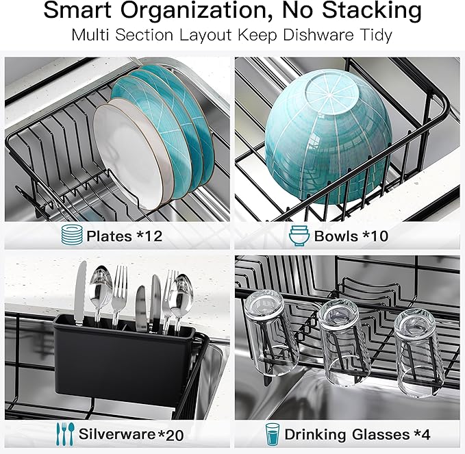 Black Dish Drying Rack Over the Sink In Stainless Steel Expandable Drainer for Small Kitchen, Counter Space Saving Compact Inside Sink Plate Dryer, Adjustable Hanging Metal Wire Strainer Drain Holder