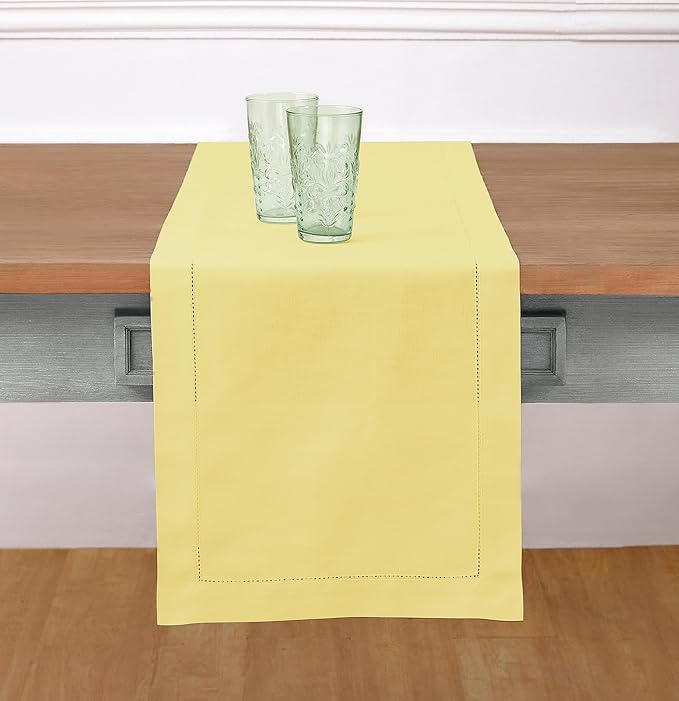 Solino Home Yellow Table Runner 108 Inches Long - Cotton Linen Hemstitch 14 x 108 Inch Table Runner for Dining, Spring, Summer