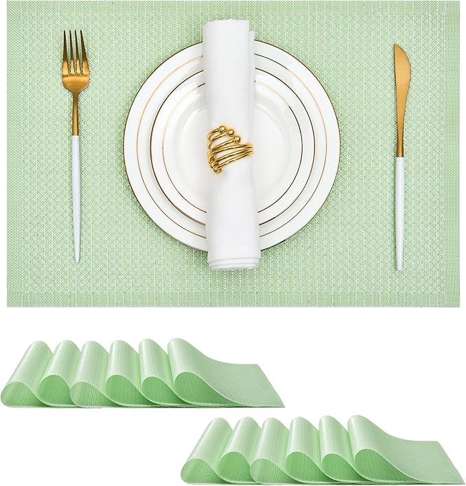 Leetaltree Sparkling Crisp Green Sequin Woven Vinyl Placemats, Set of 12 - Waterproof & Washable Dining Table Mats for Wedding, Anniversary, Daily Use, Hand-Cut