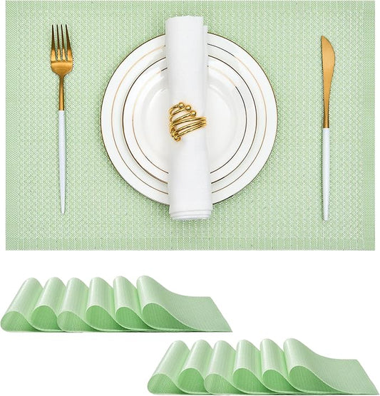 Leetaltree Sparkling Crisp Green Sequin Woven Vinyl Placemats, Set of 12 - Waterproof & Washable Dining Table Mats for Wedding, Anniversary, Daily Use, Hand-Cut