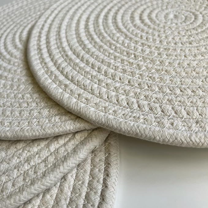 WAZAIGUR Round Placemats Washable Thick Cotton Absorbent 13 inch Round Table Mats for Kitchen Dining Table Set of 6 Round Woven Fabric Indoor/Outdoor Place Mats (Cream, 6)