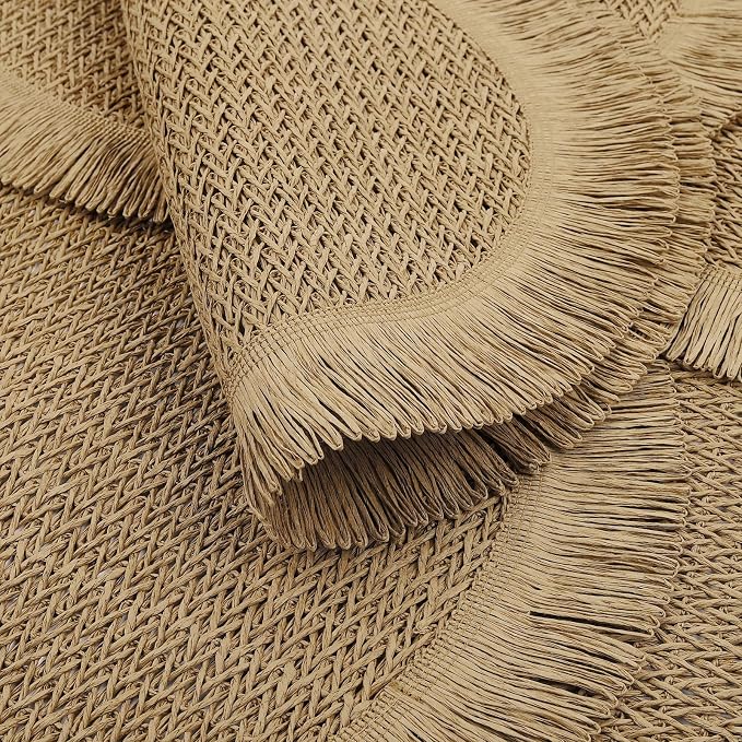 fanquare Boho Round Paper Placemats 15'' Set of 6, Rustic Woven Fade-Safe Tablemats,Braided Placemats for Home, Cafe or Events, Brown