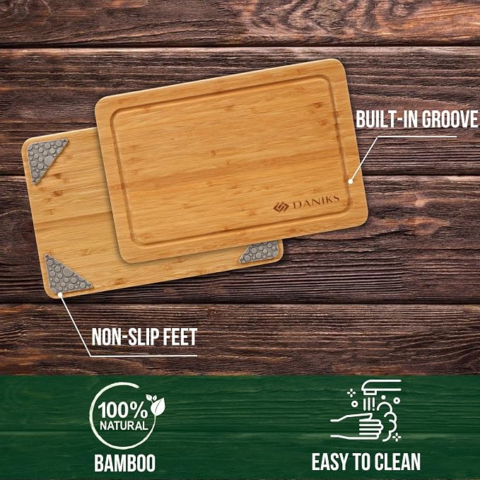 Daniks Bamboo Cutting Board, L 13x9 in, Pre‑Oiled, with Juice Groove – Cutting Board for Kitchen, Meal Prep, Serving & Charcuterie, Heavy-Duty