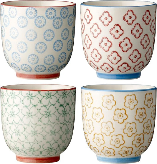 Bloomingville Ceramic Cups without Handle Emma - colorful Mugs for Coffee Tea Cappucino Dia 2.75'' H 2.75'', blue red green yellow, Stoneware, Set of 4 Styles, content 5.6 fl oz