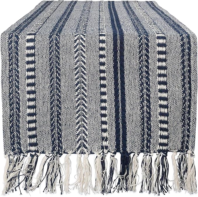 DII Farmhouse Braided Stripe Table Runner Collection, 15x108 (15x113, Fringe Included), Navy Blue