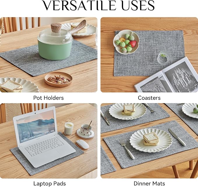 Softalker Faux Linen Placemats Set of 8-12 x 18 Inch, Heat Resistant Double Layered Durable Burlap Farmhouse Place Mats, Non-Slip Washable Rustic Table Mats for Dining, Kitchen, Party（Light Grey
