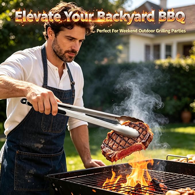 Grill Tongs, 17 Inch Extra Long BBQ tongs - Heavy Duty Kitchen Tong | 600 Degrees Heat Resistant Stainless Steel tong, Heavy Duty Metal Locking Tongs for Grilling, Cooking, Outdoor Barbecue