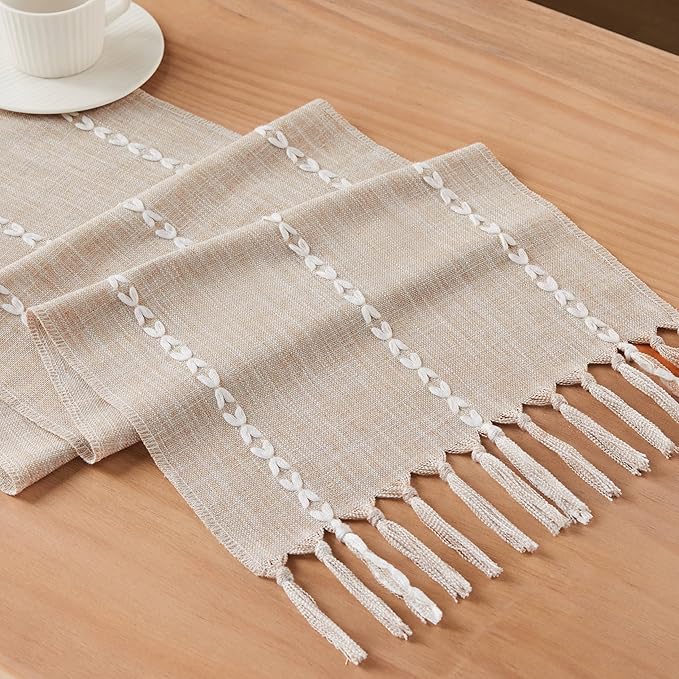 Braided Farmhouse Table Runner,Braided Taupe 13x108 Inch, Cotton Linen Table Runners 108 Inches Long, Embroidered Striped Taupe Boho Table Runner Rustic Home Decor