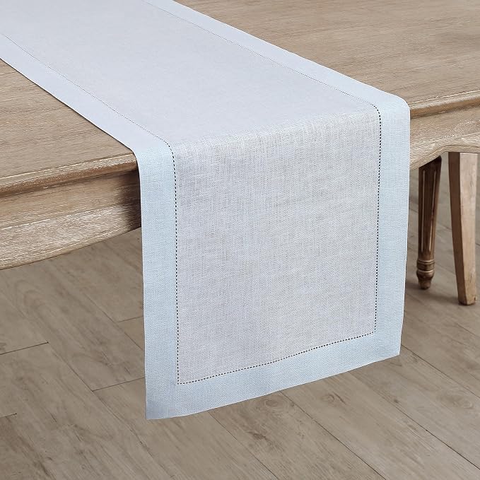 Solino Home Linen Light Blue Table Runner 90 Inches Long - 100% Pure Linen Hemstitch 14 x 90 Inch Table Runner for Dining, Summer - Classic Hemstitch
