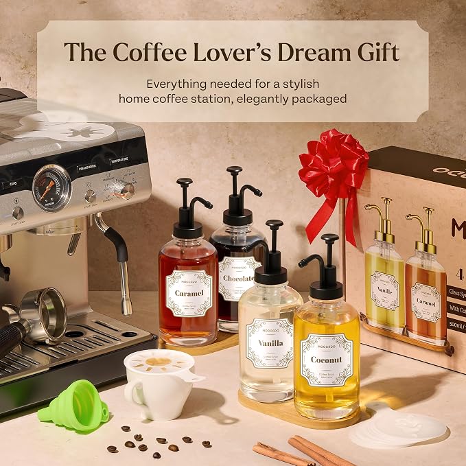 Glass Coffee Syrup Dispenser for Coffee Bar - Set of 4 Black 16.9 oz / 500 ml Glass Syrup Bottles, Includes 2 Bamboo Trays, 16 Stencils, Labels, Syrups Pumps