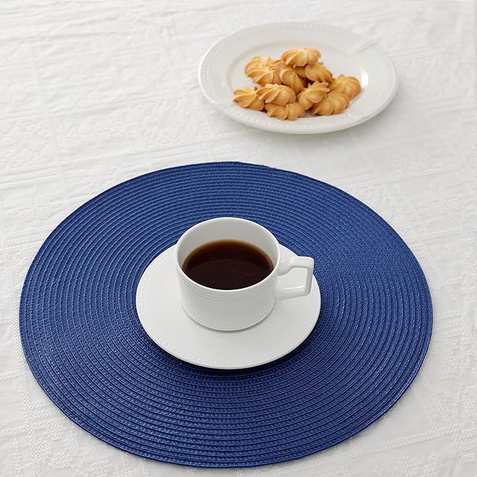 HODJOY Placemats, Round Placemats for Dining Table, Washable Woven Non-Slip Placemats for Thanksgiving, 15inch, Set of 6 (Nautical Blue)