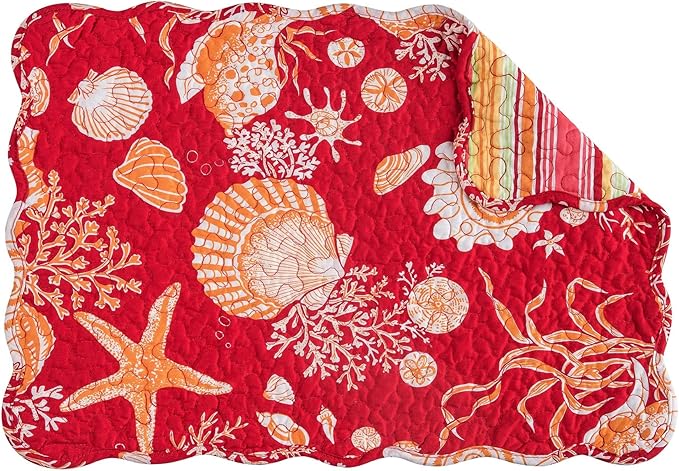 C&F Home Ruby Red & Orange Vintage 100% Cotton Quilted Set of 6 Placemats 13" x 19" Versatile Summer Shells Coral Coastal Ocean Beach Kitchen Dining Dinner Table Tabletop Scalloped Machine Wash