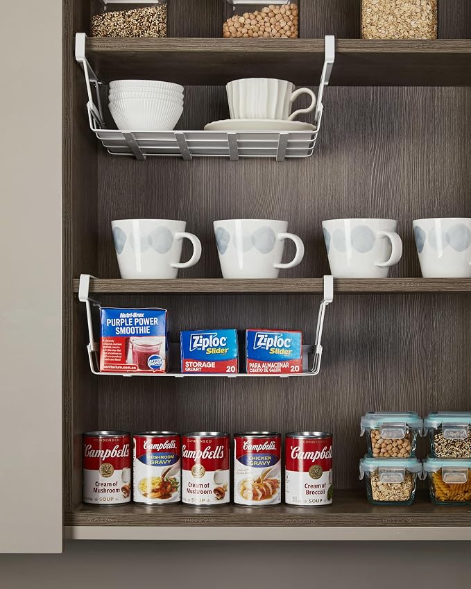 Under Shelf Basket, 4 Pack Under Cabinet Shelf Basket Organizer | Hanging Wire Storage Baskets, Slide-in, Add-on Space Saving for Kitchen Pantry Desk Bookshelf Laundry Room, White