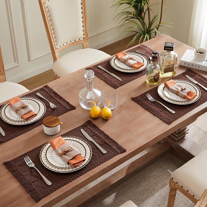 ZeeMart Macrame Style Boho Placemats Set of 4, Chocolate 12x20 Inch | Decorative Farmhouse Table Mats, Natural Cotton Woven Place Mats, Bohemian Home Decor for Kitchen Dining Table