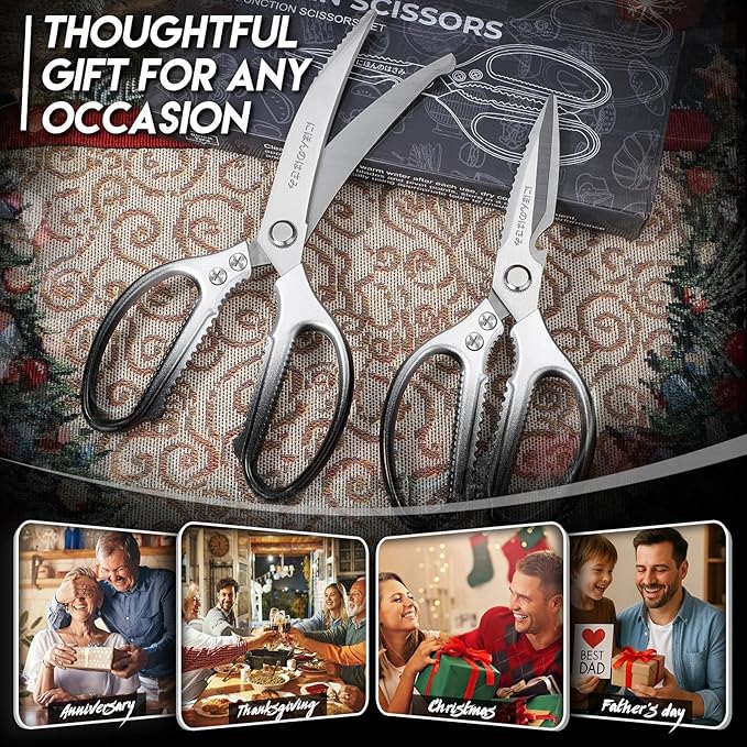 TIJERAS Kitchen Scissors Set Black - Stainless Steel Kitchen Shear, Sharp Meat Scissors Dishwasher Safe, Heavy Duty Poultry Shears, Japanese Cooking Scissor for Food, Chicken, Gifts for Women