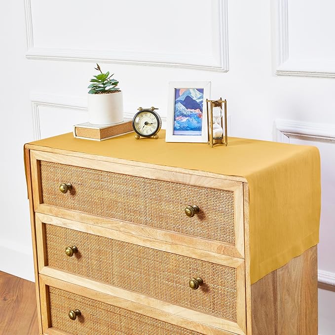 Solino Home Linen Mustard Yellow Table Runner 60 Inches - 100% Pure Linen Farmhouse Short Table Runner 14 x 60 Inch Ideal for Dresser and Coffee Tables, Spring, Summer - Fete