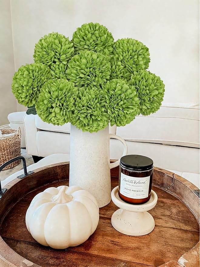 Briful 12 Pcs Artificial Green Chrysanthemum Stems – 11” Tall Silk Mums Flower Heads with Green Leaves, Flexible Stems for Fall Floral Pick Arrangements, Home, Wedding & Seasonal Decorations