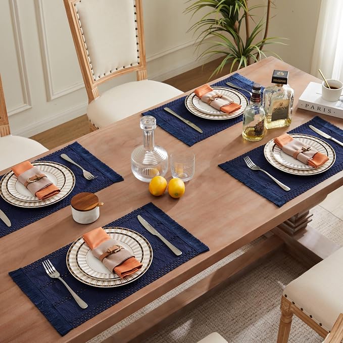 ZeeMart Macrame Style Boho Placemats Set of 4, Navy Blue 12x20 Inch | Decorative Farmhouse Table Mats, Natural Cotton Woven Place Mats, Bohemian Home Decor for Kitchen Dining Table