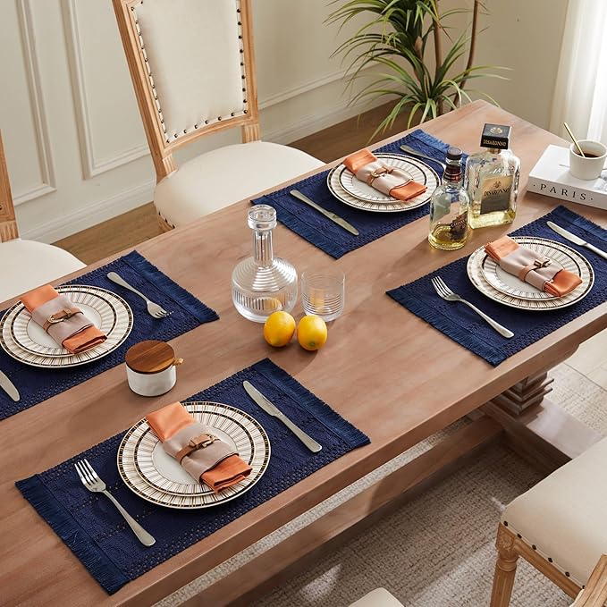 ZeeMart Macrame Style Boho Placemats Set of 6, Navy Blue 12x20 Inch | Decorative Farmhouse Table Mats, Natural Cotton Woven Place Mats, Bohemian Home Decor for Kitchen Dining Table