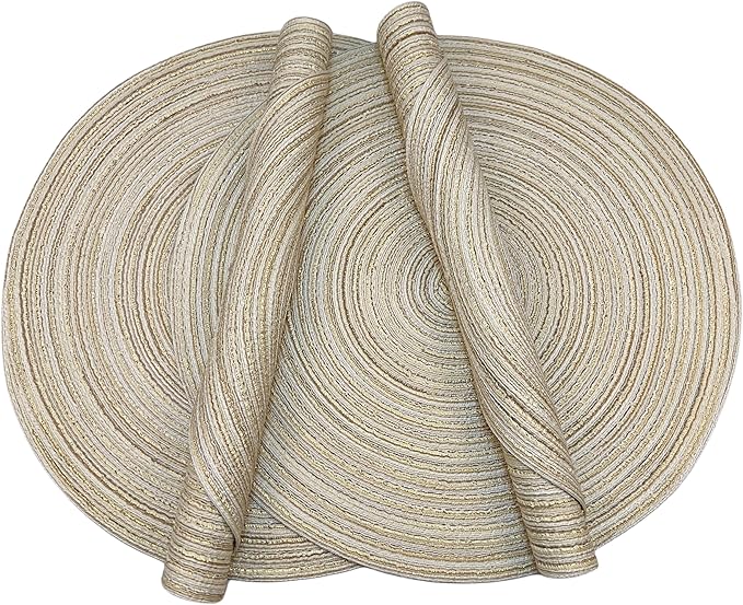 Red-A，Placemats,Round Placemats for Dining Table Set of 4 Woven Heat Resistant Non-Slip Kitchen Table Mats Diameter 14 Inch(Cream with Golden Silk)