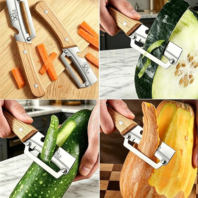 TEEVEA Multifunctional Vegetable Peeler, Zero Flex & Zero Snag, Stainless Steel with Wooden Handle, 2 in 1 Peeler with Bottle Opener for Fruit Potato Apple Carrot
