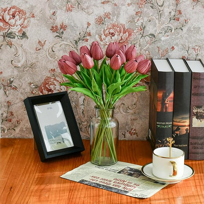 Mandy's Mauve Artificial Tulips Flowers Centerpiece, 13.5" Lifelike PU Fake Floral Stems 20pcs for Kitchen Island & Dining Table, Spring Decor for Easter
