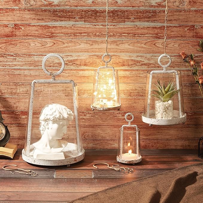 3.3" Wide Modern Farmhouse Metal Hurricane Candle Holder with Handmade Sturdy Glass Sleeve in Rustic White for Tealight Candle & Plants, Glass Hurricane Lantern, Industrial, Minimalistic
