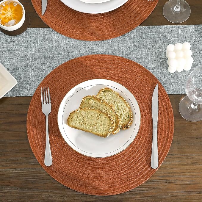 SHACOS Round Placemats Set of 6 Washable 15 inch Round Placemat Cotton Polyester Woven Braided Table Place Mats for Dining Table Decor, Dark Orange