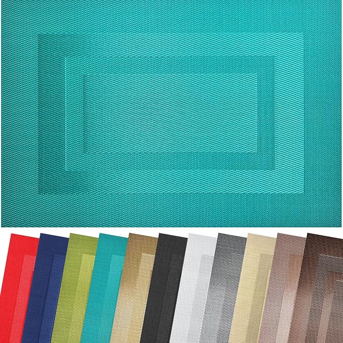 PIGCHCY Placemats Set of 8 Washable Durable Place Mats Vinyl Heat Resistant Non-Slip Table Mats Indoor Outdoor (18 x 12 inches, Turquoise Blue)