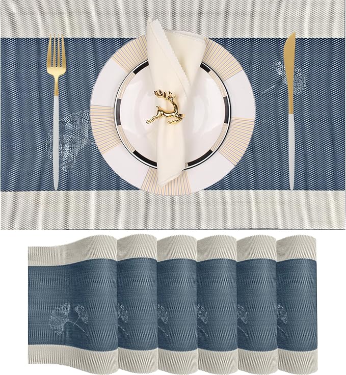 PIGCHCY Rustic Placemats Set of 6, Easy to Clean Placemats Washable Non-Slip Luxurious Durable Table Mats for Home/Dining Room Decoration (Blue,18 X 12 inches)