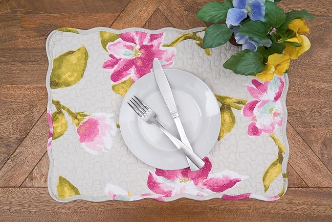 C&F Home Nylah Floral Vintage 100% Cotton Quilted Set of 6 Placemats 13" x 19" Versatile Spring Springtime Summer Kitchen Dining Dinner Table Tabletop Scalloped Machine Wash Reversible Decor