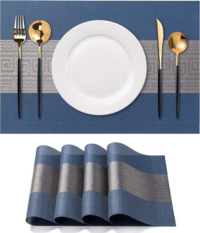 CADONO Placemats Set of 4 Washable Indoor/Outdoor Vinyl Place Mats for Dining Table Durable Non-Slip Heat Resistant PVC Weave Table Mats（Classical Style-Blue）