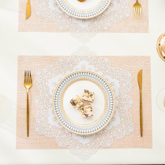 BACKTOEDEN Placemats Set of 6 Heat Resistant Washable Wipeable Placemat Woven Non-Slip Foldable Vinyl/Plastic Place Mats Indoor/Outdoor Mat Kitchen Dining Table Pad, White Snowflake & Pink