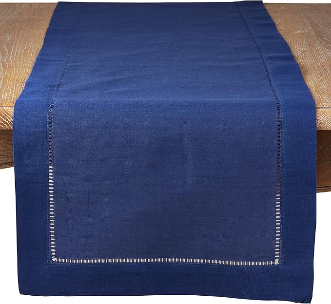SARO LIFESTYLE Hemstitched Border Table Runner, Navy Blue, 16"x54"