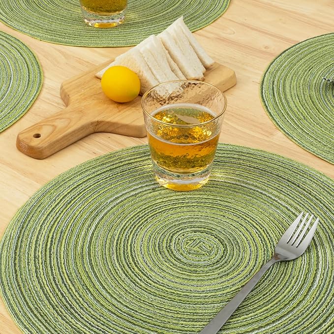 Winknowl Round Braided Placemats Set of 4 Washable Woven Heat Resistant Table Mats for Kitchen Dining Tables 15 inch Round Place Mats (Pea Green,4)